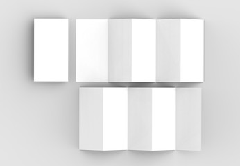 10 page leaflet, 5 panel accordion fold vertical brochure mock up isolated on light gray background. 3D illustrating.
