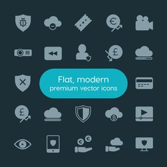 Modern Simple Set of money, cloud and networking, security, video Vector fill Icons. ..Contains such Icons as  water, sky,  media, player and more on dark background. Fully Editable. Pixel Perfect.