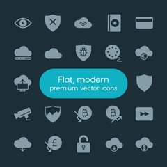 Modern Simple Set of money, cloud and networking, security, video Vector fill Icons. ..Contains such Icons as disability,  shield, finance and more on dark background. Fully Editable. Pixel Perfect.