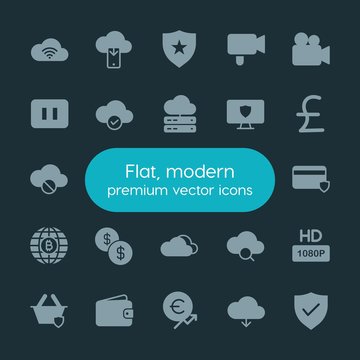 Modern Simple Set of money, cloud and networking, security, video Vector fill Icons. ..Contains such Icons as  leather, security,  money, hd and more on dark background. Fully Editable. Pixel Perfect.