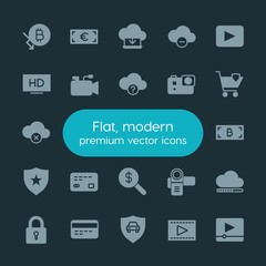 Modern Simple Set of money, cloud and networking, security, video Vector fill Icons. ..Contains such Icons as  entertainment,  banking, sky and more on dark background. Fully Editable. Pixel Perfect.