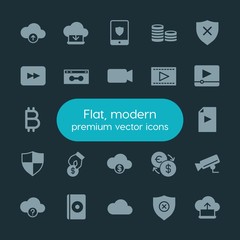 Modern Simple Set of money, cloud and networking, security, video Vector fill Icons. ..Contains such Icons as dvd,  white,  cd,  symbol and more on dark background. Fully Editable. Pixel Perfect.
