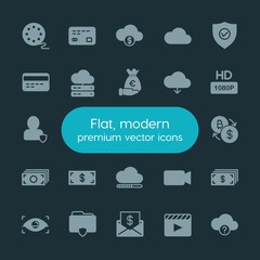 Modern Simple Set of money, cloud and networking, security, video Vector fill Icons. ..Contains such Icons as  money,  question, camera and more on dark background. Fully Editable. Pixel Perfect.