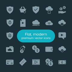 Modern Simple Set of money, cloud and networking, security, video Vector fill Icons. ..Contains such Icons as airport,  word,  wallet, euro and more on dark background. Fully Editable. Pixel Perfect.