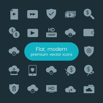Modern Simple Set of money, cloud and networking, security, video Vector fill Icons. ..Contains such Icons as  symbol,  investment, increase and more on dark background. Fully Editable. Pixel Perfect.