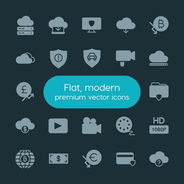 Modern Simple Set of money, cloud and networking, security, video Vector fill Icons. ..Contains such Icons as security, internet,  file, hd and more on dark background. Fully Editable. Pixel Perfect.