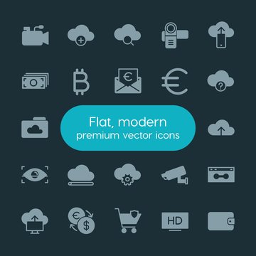 Modern Simple Set of money, cloud and networking, security, video Vector fill Icons. ..Contains such Icons as  media,  currency,  sign,  web and more on dark background. Fully Editable. Pixel Perfect.