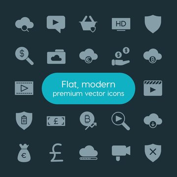 Modern Simple Set of money, cloud and networking, security, video Vector fill Icons. ..Contains such Icons as  cash,  icon,  quality, hd and more on dark background. Fully Editable. Pixel Perfect.