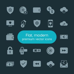 Modern Simple Set of money, cloud and networking, security, video Vector fill Icons. ..Contains such Icons as disc,  euro,  travel,  scroll and more on dark background. Fully Editable. Pixel Perfect.