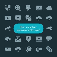 Modern Simple Set of money, cloud and networking, security, video Vector fill Icons. ..Contains such Icons as  growth,  blue,  surveillance and more on dark background. Fully Editable. Pixel Perfect.