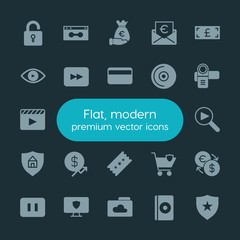 Fototapeta na wymiar Modern Simple Set of money, cloud and networking, security, video Vector fill Icons. ..Contains such Icons as internet, music, protection and more on dark background. Fully Editable. Pixel Perfect.