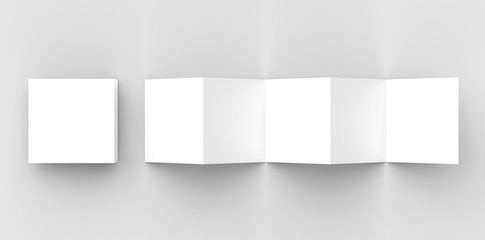 10 page leaflet, 5 panel accordion fold square brochure mock up isolated on light gray background. 3D illustrating.