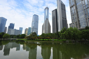 Obraz na płótnie Canvas In 2015 in Shanghai, China, on September 24th world financial center skyscrapers in lujiazui group.