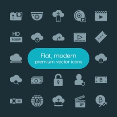 Modern Simple Set of money, cloud and networking, security, video Vector fill Icons. ..Contains such Icons as technology,  banking,  cash and more on dark background. Fully Editable. Pixel Perfect.