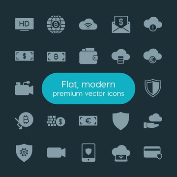 Modern Simple Set of money, cloud and networking, security, video Vector fill Icons. ..Contains such Icons as  phone,  error,  tv,  card, hd and more on dark background. Fully Editable. Pixel Perfect.