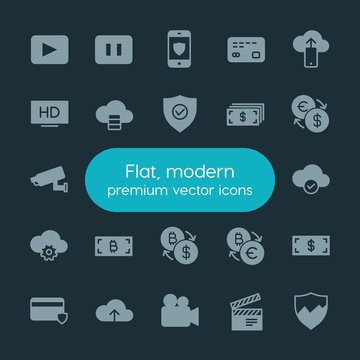 Modern Simple Set of money, cloud and networking, security, video Vector fill Icons. ..Contains such Icons as  mobile,  home,  word,  play and more on dark background. Fully Editable. Pixel Perfect.