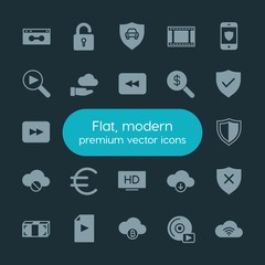 Modern Simple Set of money, cloud and networking, security, video Vector fill Icons. ..Contains such Icons as  business,  unlock,  lock, car and more on dark background. Fully Editable. Pixel Perfect.