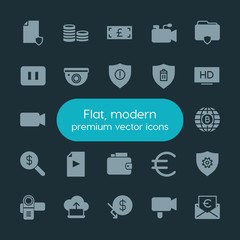 Modern Simple Set of money, cloud and networking, security, video Vector fill Icons. ..Contains such Icons as  computer, camera,  play, file and more on dark background. Fully Editable. Pixel Perfect.