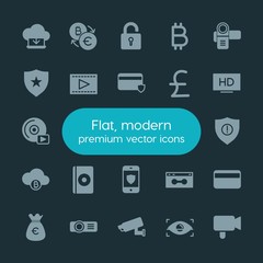 Modern Simple Set of money, cloud and networking, security, video Vector fill Icons. ..Contains such Icons as data,  security,  background and more on dark background. Fully Editable. Pixel Perfect.