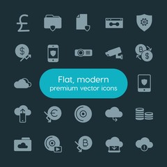 Modern Simple Set of money, cloud and networking, security, video Vector fill Icons. ..Contains such Icons as file, player,  phone, money and more on dark background. Fully Editable. Pixel Perfect.
