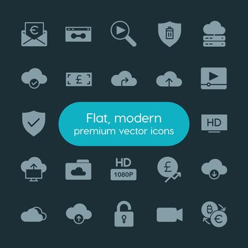 Modern Simple Set of money, cloud and networking, security, video Vector fill Icons. ..Contains such Icons as delete,  currency,  web,  blue and more on dark background. Fully Editable. Pixel Perfect.