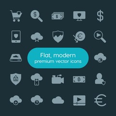 Modern Simple Set of money, cloud and networking, security, video Vector fill Icons. ..Contains such Icons as  banking,  cloud,  symbol and more on dark background. Fully Editable. Pixel Perfect.
