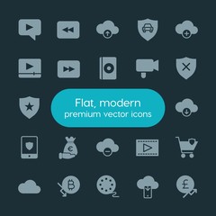 Modern Simple Set of money, cloud and networking, security, video Vector fill Icons. ..Contains such Icons as  add,  growth, message, data and more on dark background. Fully Editable. Pixel Perfect.
