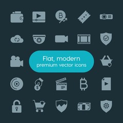 Modern Simple Set of money, cloud and networking, security, video Vector fill Icons. ..Contains such Icons as  safety,  light,  projection and more on dark background. Fully Editable. Pixel Perfect.