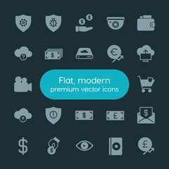 Modern Simple Set of money, cloud and networking, security, video Vector fill Icons. ..Contains such Icons as  pay,  video,  surveillance and more on dark background. Fully Editable. Pixel Perfect.