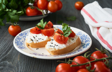 Bruschetta with ricotta cheese, cherry tomatoes and cilantro on a plate 