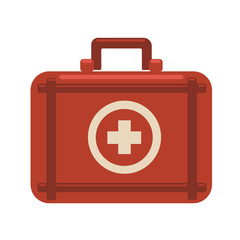 First aid kit. Red medicine chest with white cross. Vector flat icon illustration, isolated image on white background.