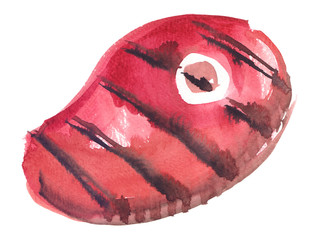 Single big piece of steak grilled meat painted in watercolor on clean white background