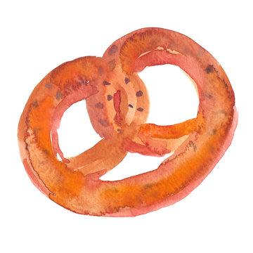 Single big delicious pretzel painted in watercolor on clean white background