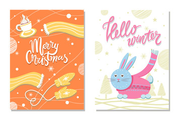 Hello Winter Postcard with Rabbit Scarf Mittens