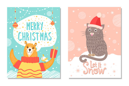 Let it Snow Poster with Bear Gift Box Cat in Hat