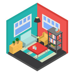 isometry room with armchairs, sofa, coffee table vector illustration
