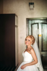 Portrait of a bride in a wedding dress. The bride dresses in the hotel