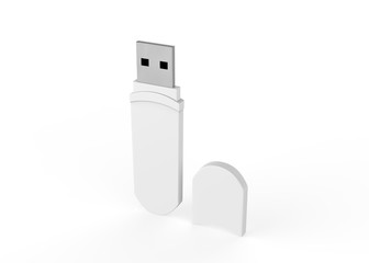 Blank white USB drive design mock up on isolated white background, 3d illustration