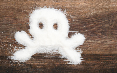 Skull made of granulated sugar. A conceptual photo illustrating the harm from consuming white refined sugar and products containing it