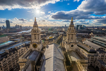 Fototapeta na wymiar London, United Kingdom - Aerial panoramic view of London with St.Paul's Cathedral at sunset with amazing sky and clouds