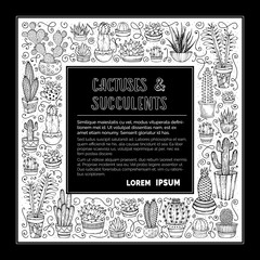 Vector square frame of doodles cactuses and succulents.