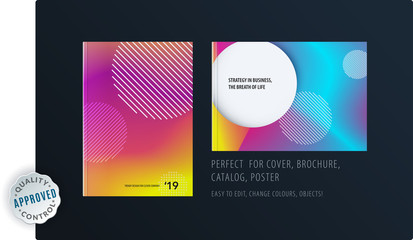 Abstract colourful graphic design of brochure in fluid liquid style with blurred smooth background. Set