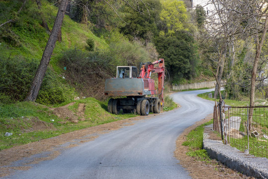 Construction road truck parked in countryside
