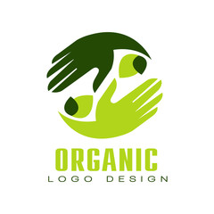 Organic logo design, healthy premium quality food label with green leaves and human hands, emblem for cafe, packaging, restaurant, farm products vector Illustration on a white background