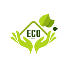 Eco logo, healthy premium quality label with green leaves and human hands, emblem for cafe, packaging, restaurant, farm products vector Illustration on a white background