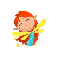 Little winged redhead elf girl, cute fairytale character vector Illustration on a white background