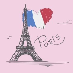 card "Loved Paris". Vector illustration with the image of the Eiffel Tower and the flag of France