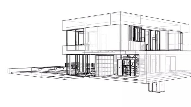 Construction of a residential building with a territory and a swimming pool. 3d graphics in lines with transparent walls