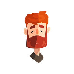 Serious redhead bearded man with closed eyes, male emotional face, avatar with facial expression vector Illustration on a white background