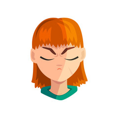 Sad redhead girl with closed eyes, female emotional face, avatar with facial expression vector Illustration on a white background